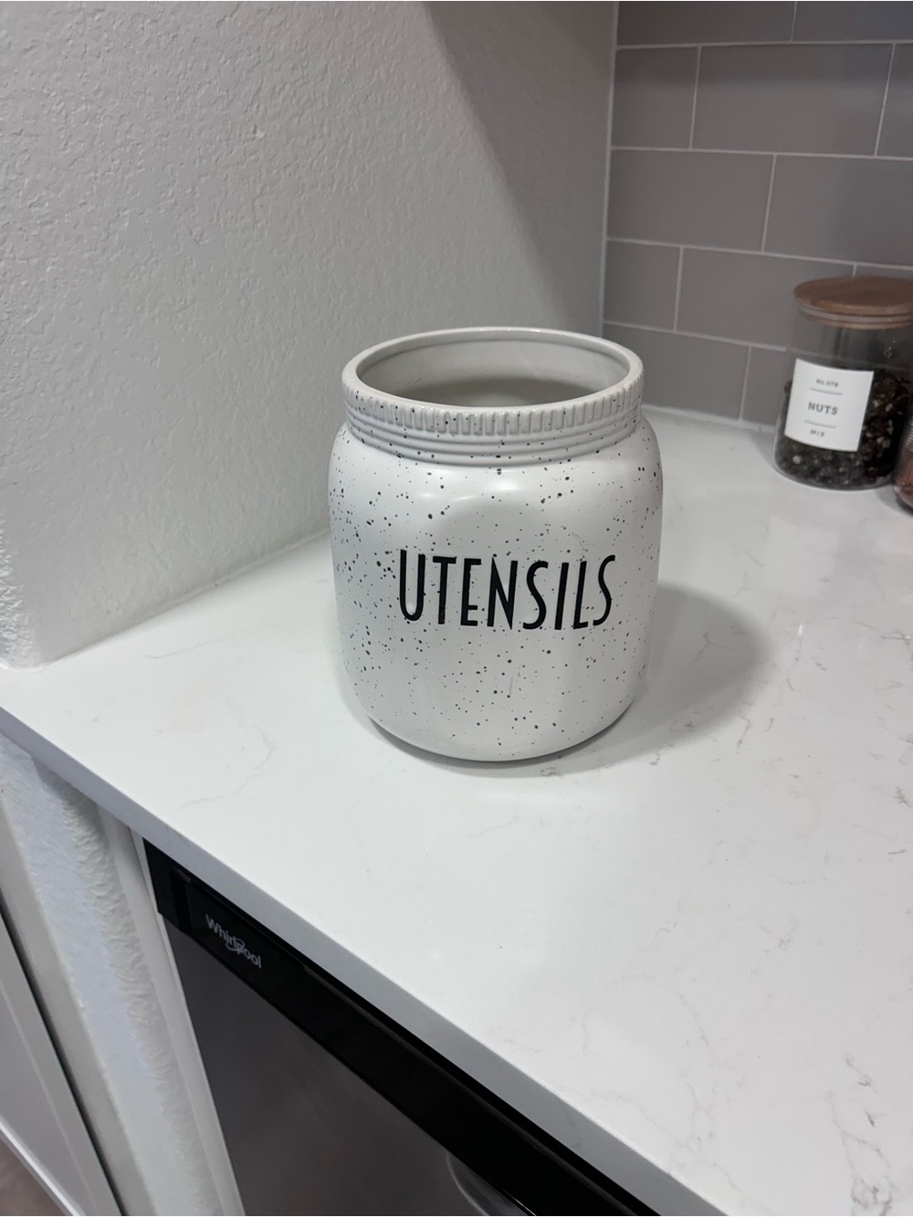 White Speckled Ceramic Utensil Holder | Farmhouse Kitchen Counter Organizer